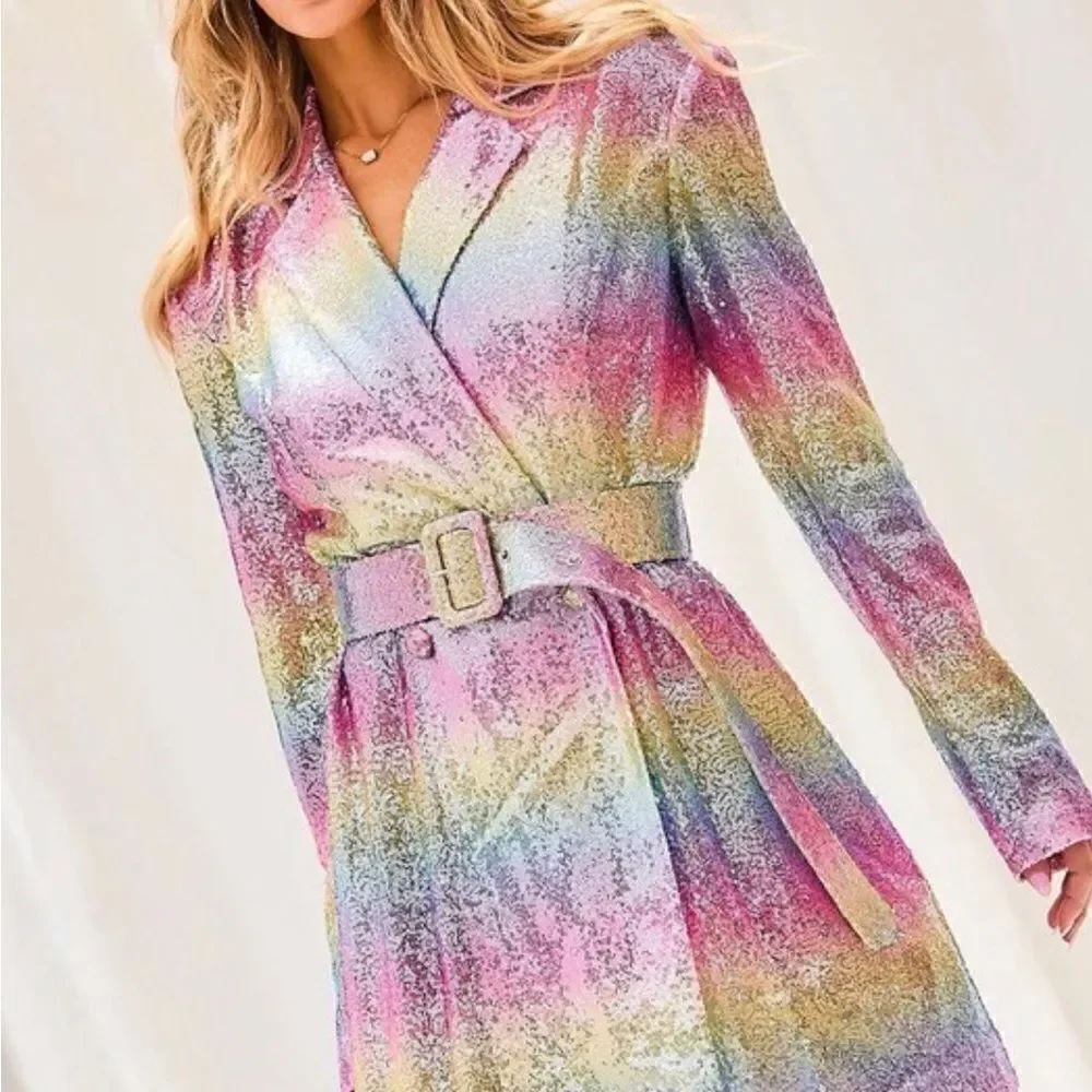Pastel rainbow sequin dress with belt